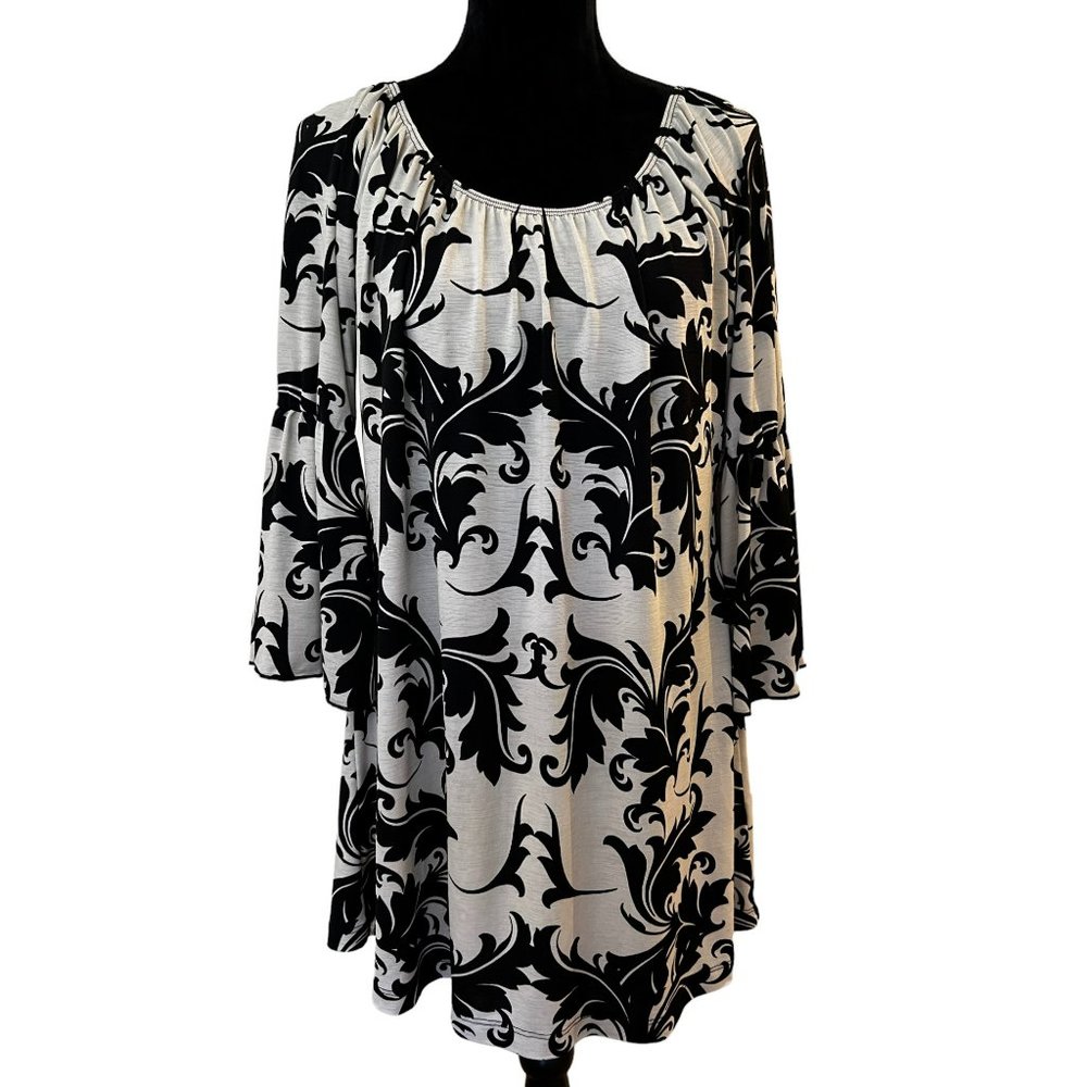 Spense Black Ivory Floral Top Scoop Neck 3/4 Bell Sleeves XL